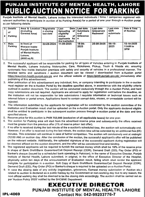 Punjab Institute of Mental Health Lahore Tender Notice